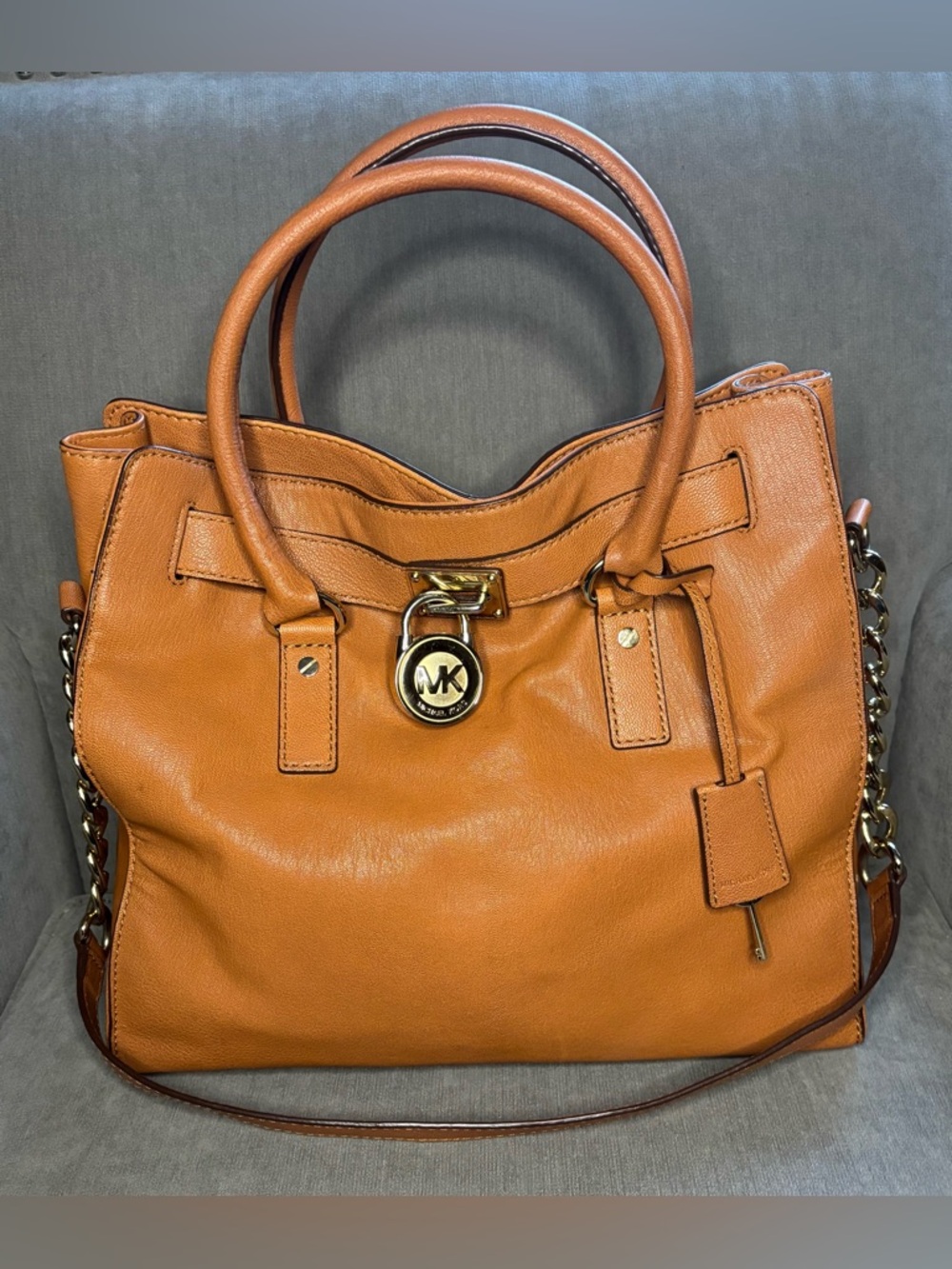 Michael Kors Hamilton Cognac/Brown Leather Satchel w/Gold Accents & Lock-n-Key